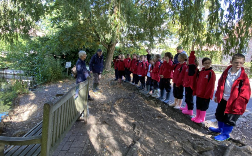 children measuring width and flow of a river