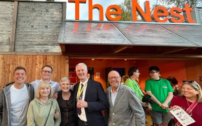 cast, staff and writer mr pitman outside the nest at chichester festival theatre